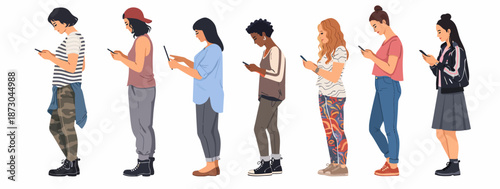 Technological moments where characters waiting in a line spend time with their phones.