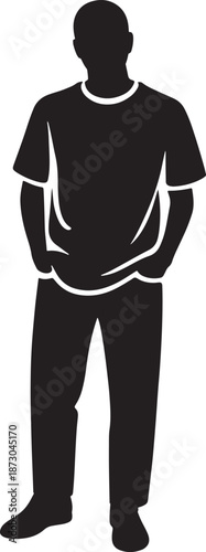 Male figure silhouette stands confidently with hands in pockets against a plain white background, symbolizing anonymity and simplicity.