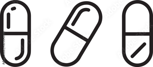 Various black outline icons of medical capsules are displayed on a clean white background, representing pharmaceutical products and essential healthcare concepts.