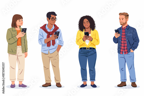 Moments when four characters stand side by side, use their phones and wait.