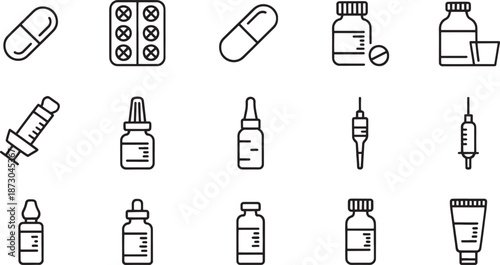 Comprehensive set of medical and pharmaceutical line icons includes pills, bottles, syringes, and vials, suitable for modern healthcare interface designs.