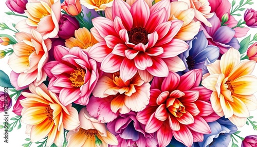 Vibrant watercolor floral bouquet, intricate details, soft hues,  background,  elegant