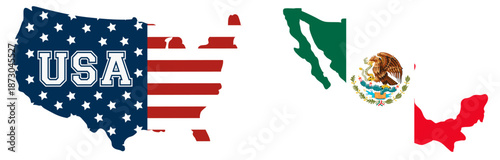 United States and Mexico border on world map with national flags, USA Mexico boundary and cross border migration, illegal immigration and border security concept