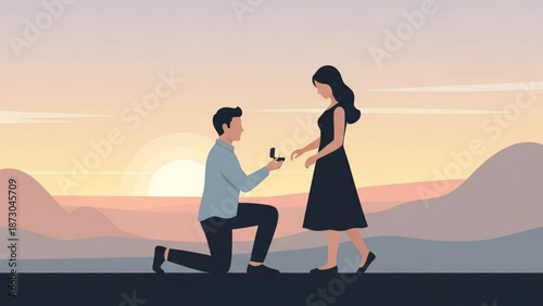 Man Proposing to Woman on One Knee at Sunset with Ring