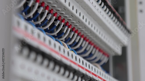 Electrical panel of complex automation, assembled in a customized cabinet. Control of lighting, curtains, thermal heads.