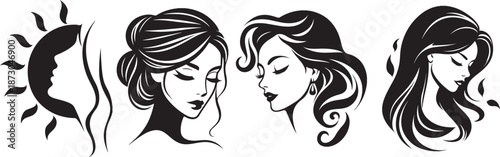 Elegant black and white illustrations of women s faces and hairstyles