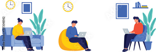 People Working Remotely on Laptops at Home Comfortable Seating Work From Home Lifestyle Flat Vector Illustration
