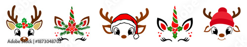 Christmas Reindeer & Unicorn Face Set — Cute Rudolph Antlers, Festive Holiday Colors & Winter Characters