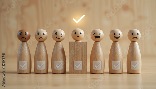 Best candidate recruitment and emotional intelligence concept with wooden figures and check mark for human resources landing page banner