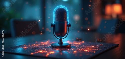 Futuristic microphone glows with blue light on table. Voice recognition, AI, modern tech concept. Mic for podcast recording, voice assistance, communication online via neural network. Smart home