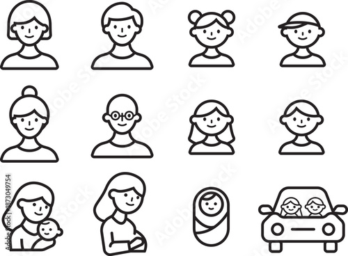 Modern flat family icon set, minimalist people avatar symbols for life cycle, parenting, and household design isolated