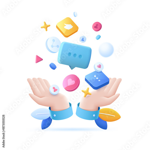 3D cartoon vector illustration of hands catching social icons, speech bubbles, hearts, and a repost symbol. Concept for r social media engagement, interaction, and audience growth.