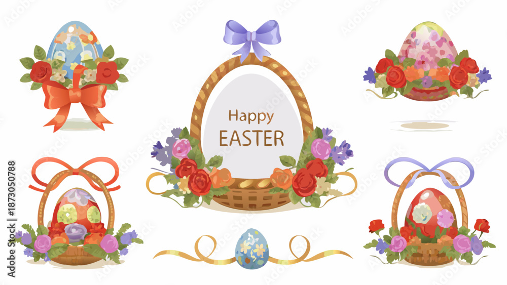 Fototapeta premium Vibrant Easter eggs in baskets with flowers and ribbons