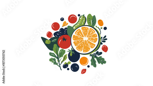 Colorful Assortment of Fresh Fruits and Leaves.