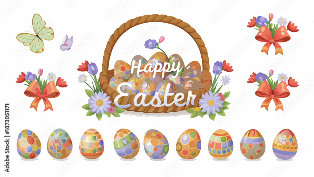 Fototapeta premium Vibrant Easter basket with colorful eggs and flowers for spring