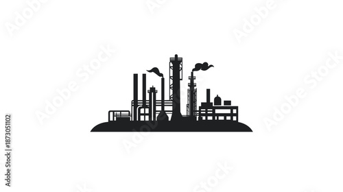 Industrial Factory Silhouette with Smokestacks and Pipes.