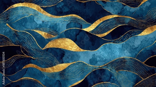 Blue and gold wave texture with a watercolor style for an abstract background, perfect for home decor for coastal themes, fabric prints for summer fashion, or serene and beautiful compositions.
