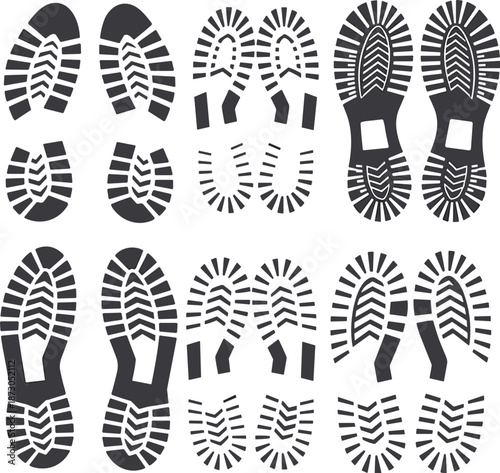 Assortment of black silhouette boot and shoe sole prints with different tread patterns boot prints shoe prints