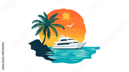 White Yacht Near Palm Tree Island.