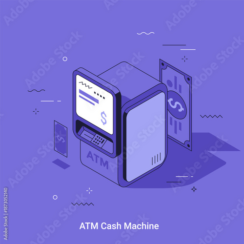 ATM cash machine with dollar bill. Automated teller for banking and financial operations. Transaction payment service concept, isometric vector illustration.
