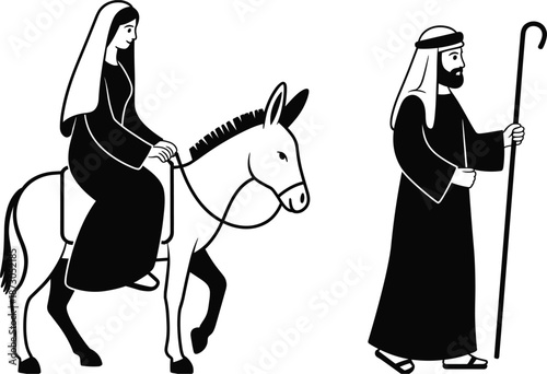 Biblical Nativity Scene Figures Mary Joseph Donkey vector illustration