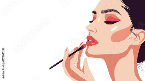 Woman Applying Lipstick with Makeup Brush.
