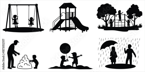 Children Silhouettes Playing On Swings Playground And In Rain kids