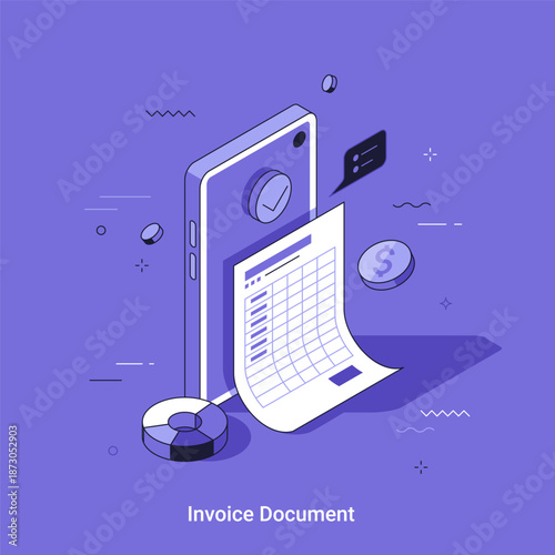 Linear isometrci vector illustration. Invoice document on phone screen with checkmark and coins. Digital payment and online transaction with financial report. Business accounting and finance