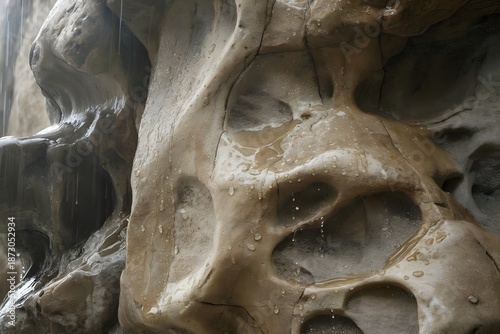 Close up view of weathered rock formation with natural holes