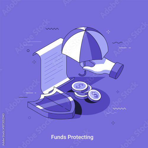 Hand holding umbrella over document and coin, next to shield for funds protecting and financial security concept. Linear isometrcic Vector illustration.