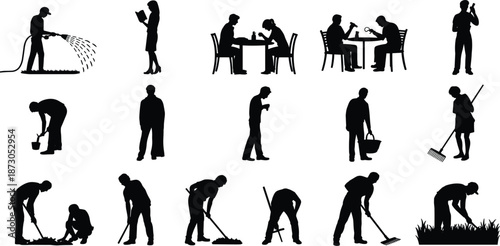 Collection of black silhouette illustrations of people engaged in gardening and leisure activities Keywords: people, silhouette