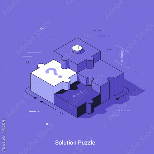 Isometric puzzle pieces representing problem solving and business development. Finding solution for challenge or question. Thin line isometric vector illustration.