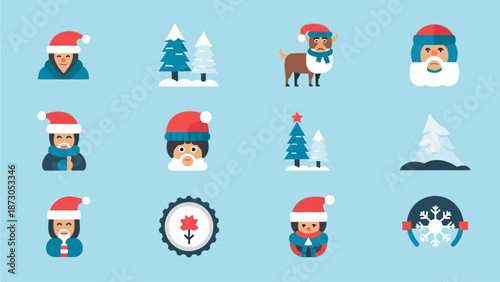 Set of cartoon winter characters and Christmas elements.
