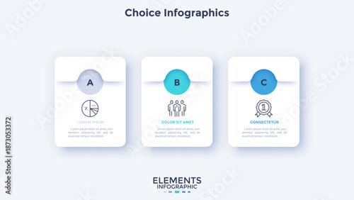 Vector illustration with three options for choice infographics. Modern business presentation slide template with three steps. Data visualization for report.