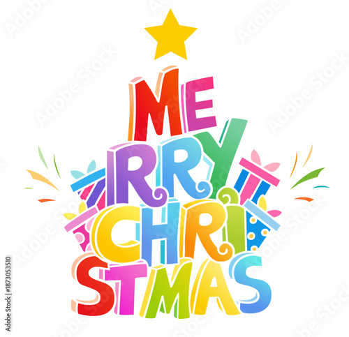 Merry Christmas Tree Lettering Made of Colorful Holiday Text with Star and Confetti