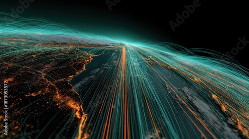Global investment pathways visualized as glowing highways across Earth, futuristic realism, teal orange palette, 3D render, finance concept.