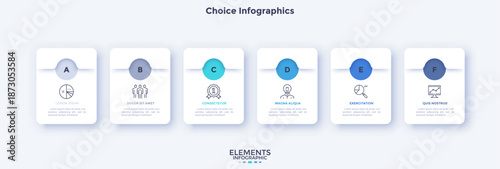 Vector illustration with six options for choice infographics. Modern business presentation slide template with three steps. Data visualization for report.