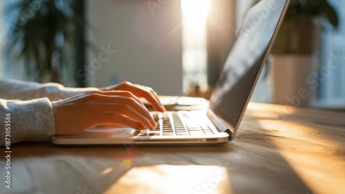 Female hands are working on a laptop at a wooden desk in a sunlit room, highlighting a cozy and productive home office environment. The image captures modern technology use and remote work trends