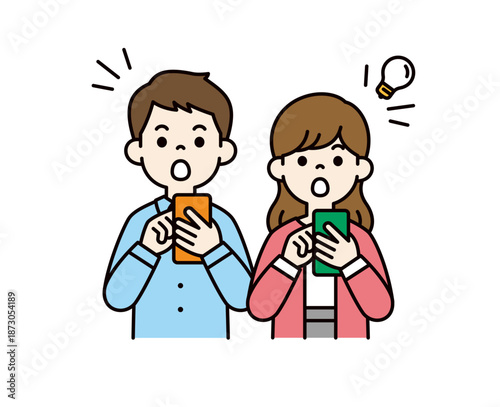スマートフォンで検索して閃く、20代・30代の男女・夫婦のベクターイラスト素材セット＿カラー