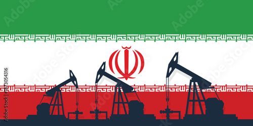 Oil rig pumpjack background. Iran petroleum industry. Islamic republic of iran flag. Crude oil