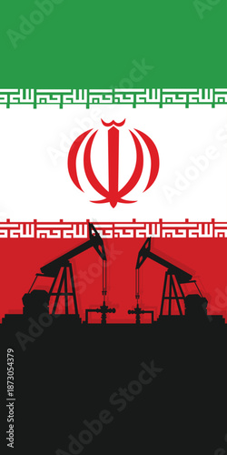 Oil rig pumpjack background. Iran petroleum industry. Islamic republic of iran flag. Crude oil