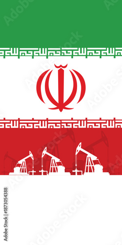 Oil rig pumpjack background. Iran petroleum industry. Islamic republic of iran flag. Crude oil