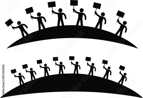 Silhouettes of people holding signs in protest on curved platforms against a white background demonstration