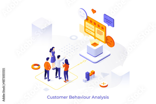 Customer research isometric conceptual template. Target audience researching webpage design vector illustration. Build positive relationship with consumers. Creative ideas for teamwork