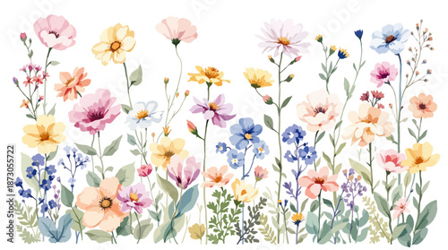 Watercolor wildflowers, butterflies and leaves set, floral illustration for greeting card, invitation and other printing design. Isolated on white. Hand drawing.