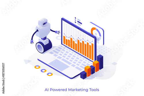 AI-powered marketing tools isometric concept vector illustration. Research, marketing tools automation, e-commerce search, customer recommendation, machine learning concept