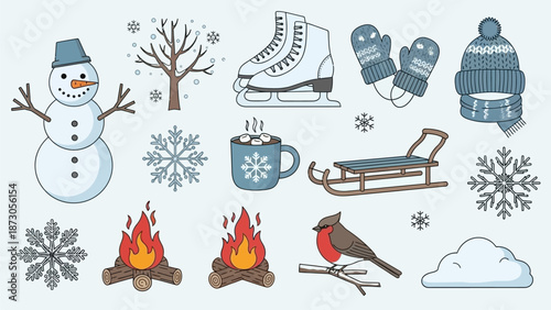 Winter themed cartoon elements including snowman, ice skates, and hot chocolate.