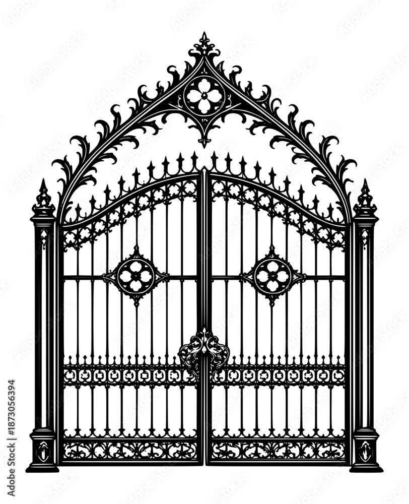 Fototapeta premium ornate black wrought iron gate with gothic arches and decorative scrollwork standing symmetrically as a luxury vintage entrance design isolated