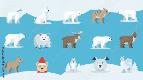 Arctic animals and polar bears in winter landscape.