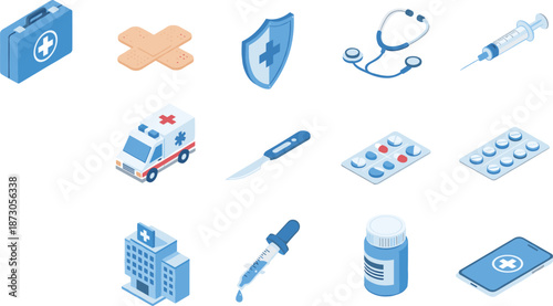 Isometric medical icons, healthcare illustration, stethoscope syringe, ambulance hospital, pill blister pack, prescription bottle, smartphone medicine, medical cross symbols